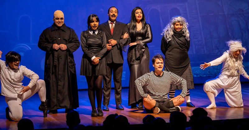 Atores da peça Vandinha O Musical no palco do teatro