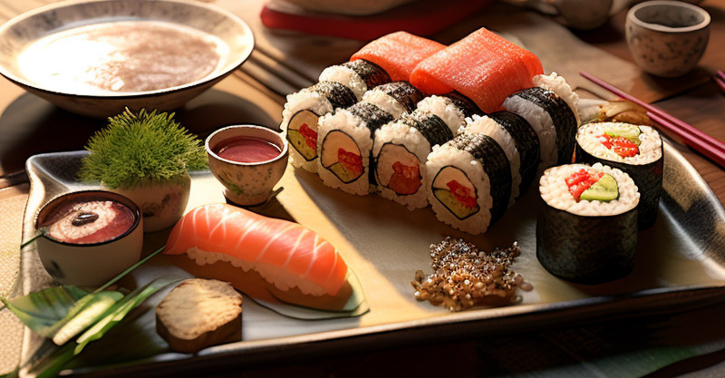 prato de comida japonesa servido na mesa de um restaurante japonês