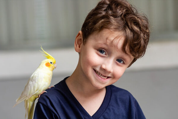 Aluno do Mundo Up com uma calopsita nop ombro